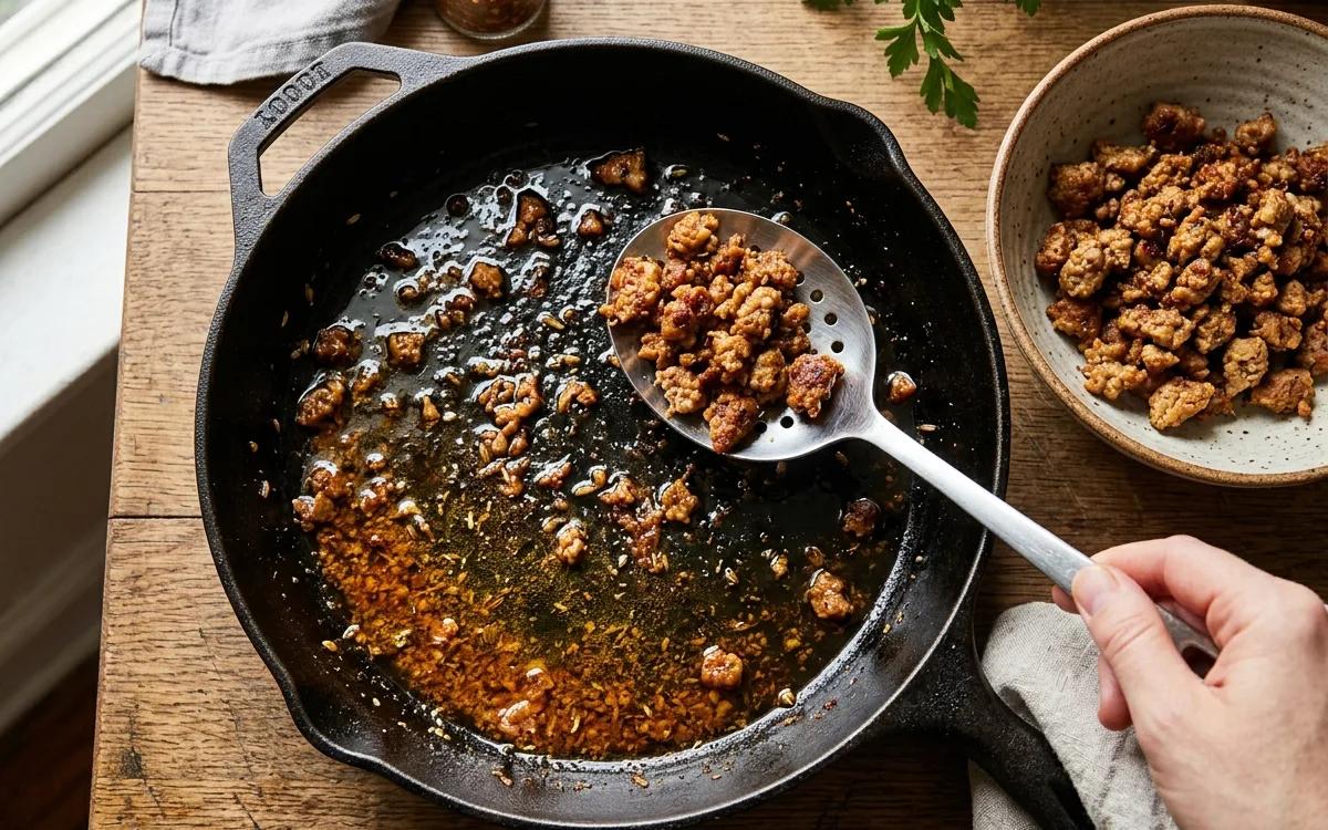 Step 5: Remove the sausage with a slotted spoon and set aside, leavi