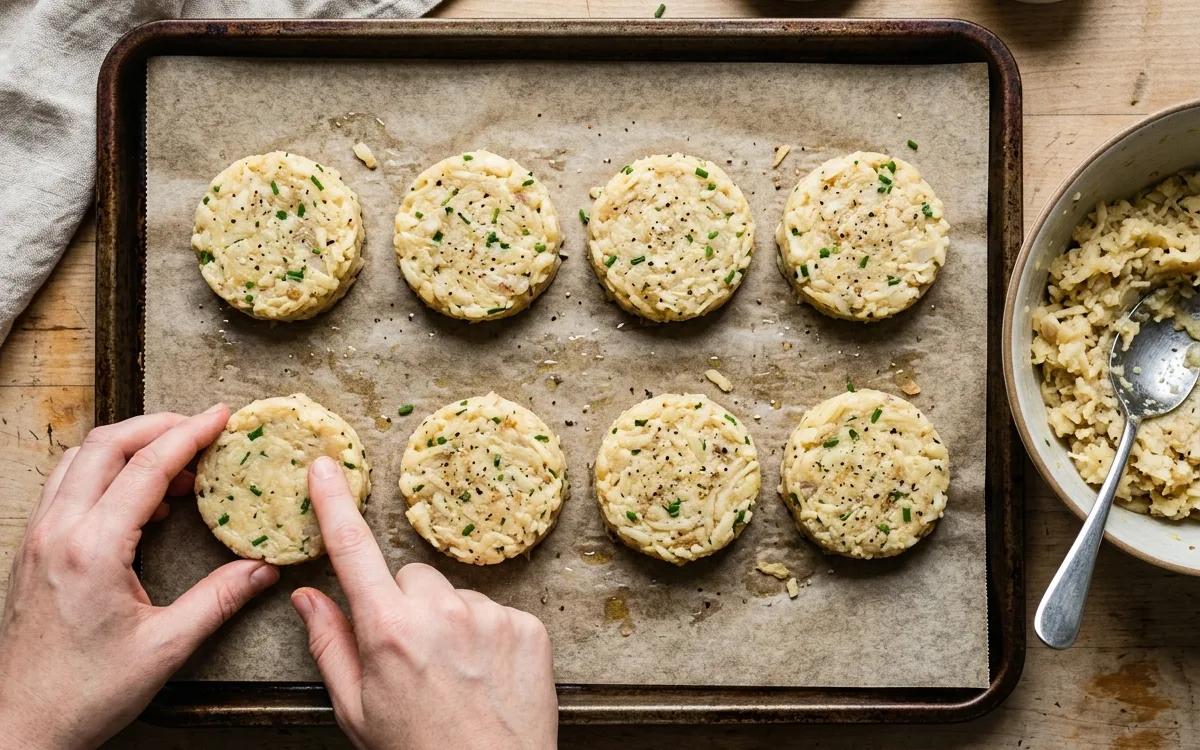 Step 5: Form the potato mixture into eight equal cakes and place the