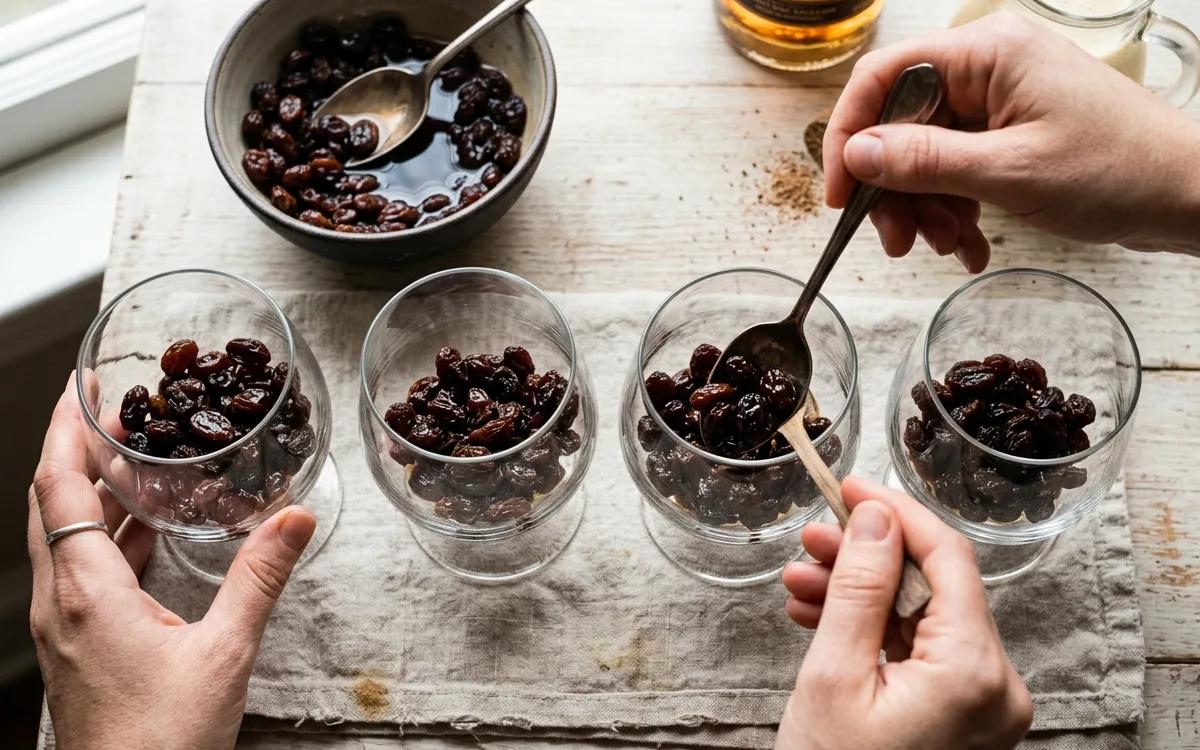 Step 7: Divide the soaked raisins among four serving glasses.