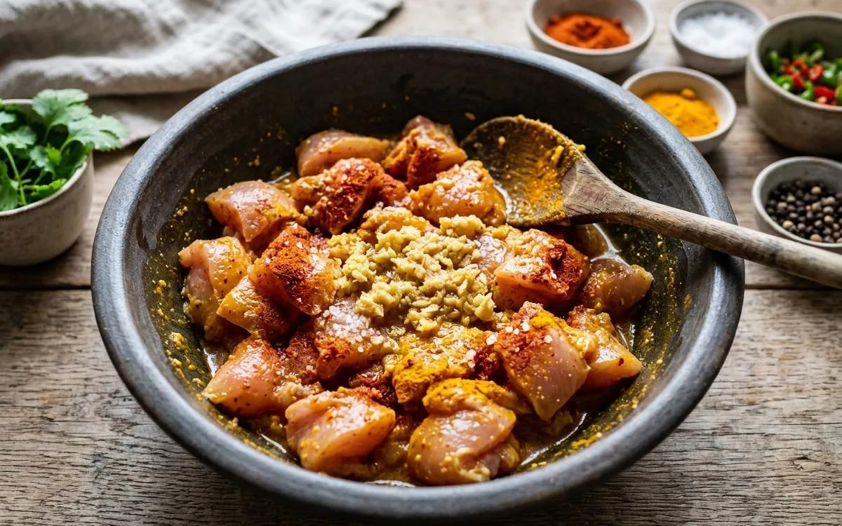Step 1: Combine chicken pieces with ginger-garlic paste, chili powde