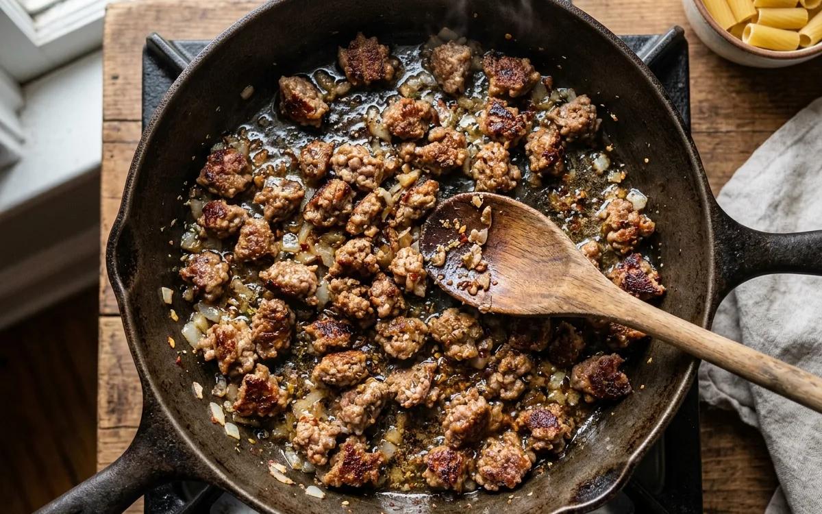 Step 4: Add the sausage and cook, breaking it into small crumbles, u