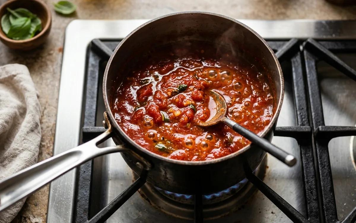 Step 7: Warm the marinara sauce in a small saucepan over medium heat