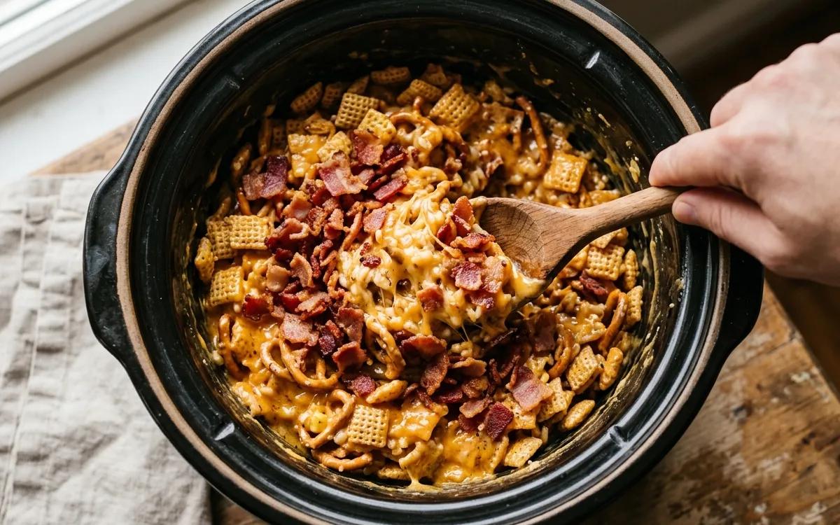 Step 5: Fold in the crispy bacon bits during the final 15 minutes of