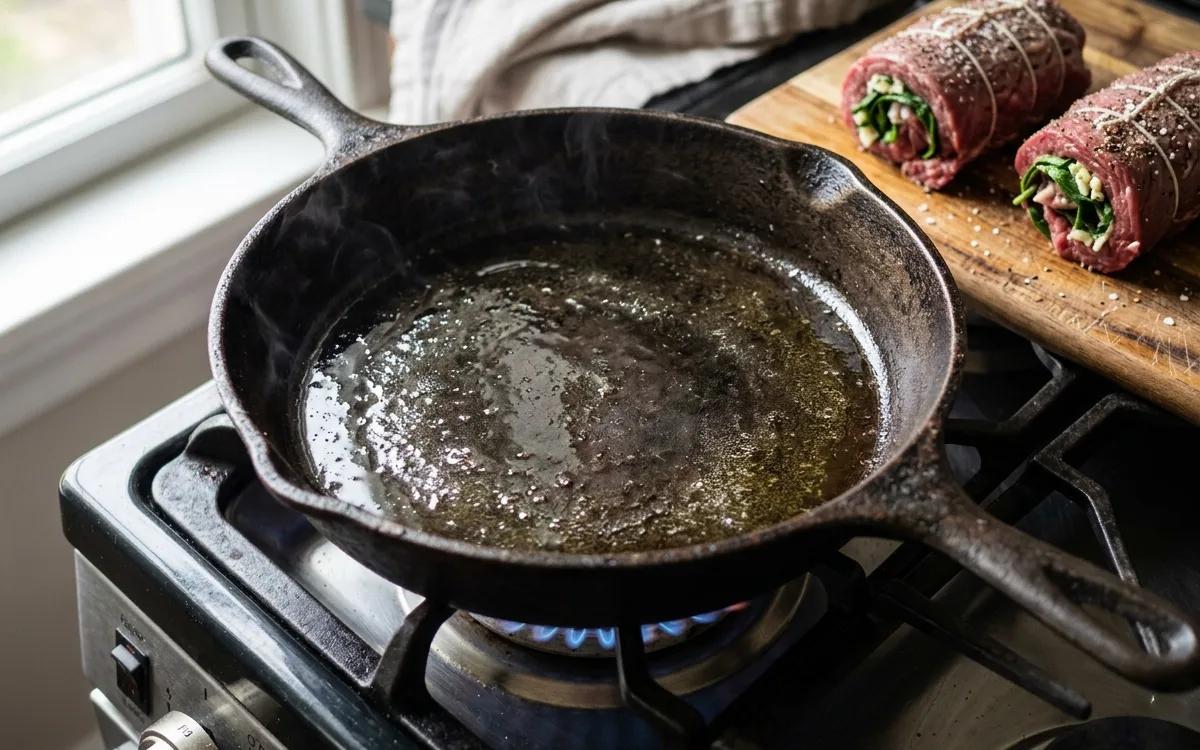 Step 7: Heat oil in a heavy cast-iron skillet over medium-high heat.