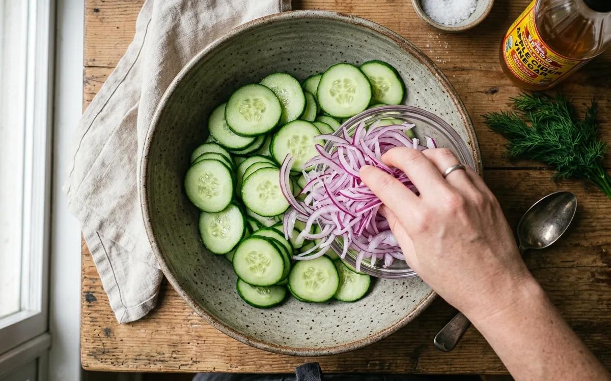 Step 2: Add the cucumber slices and shaved red onions to the bowl.