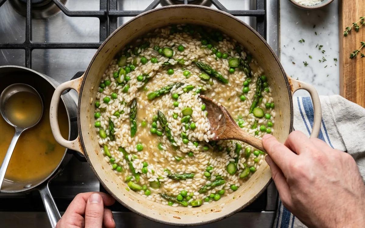 Step 6: Add the stock one ladle at a time, waiting until the liquid