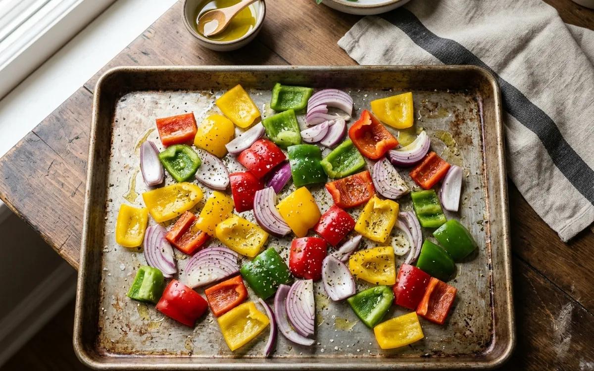 Step 2: Toss the peppers and onions in olive oil on a baking sheet a