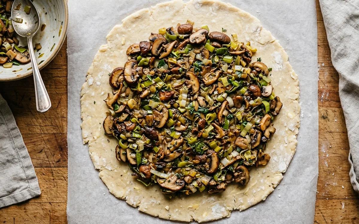 Step 7: Spread the mushroom and leek mixture over the dough, leaving
