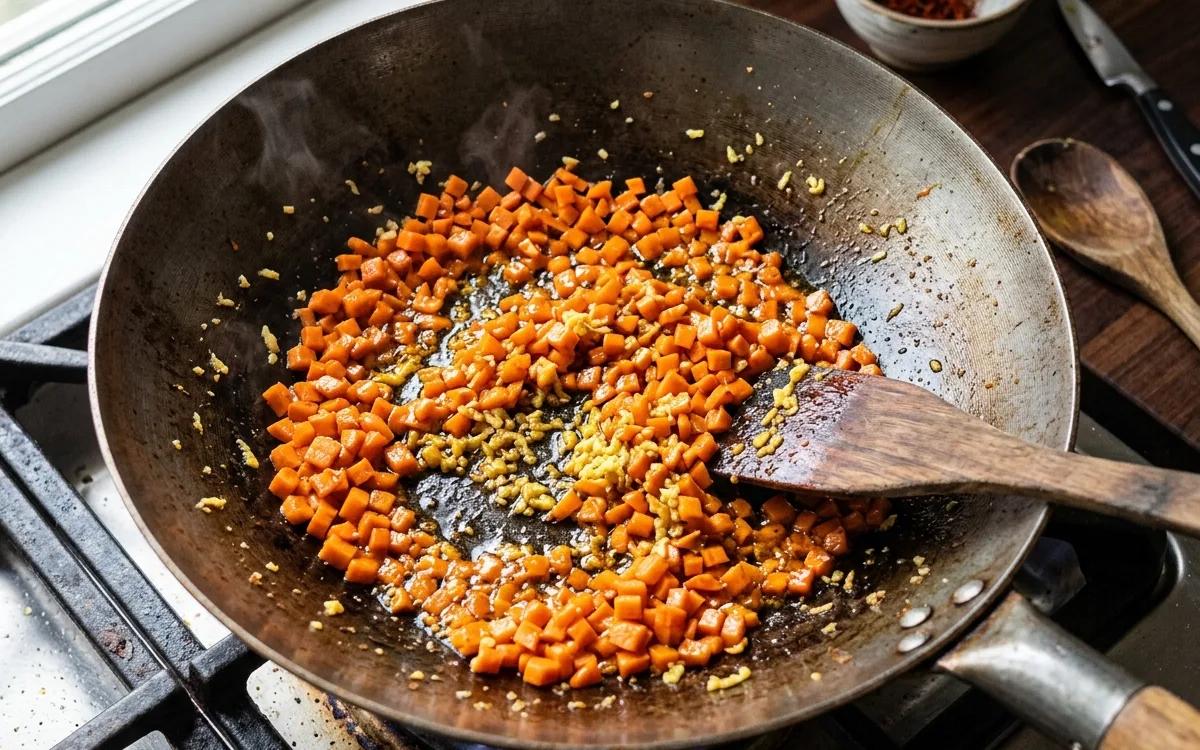 Step 3: Sauté the carrots and ginger until the carrots are tender-cr