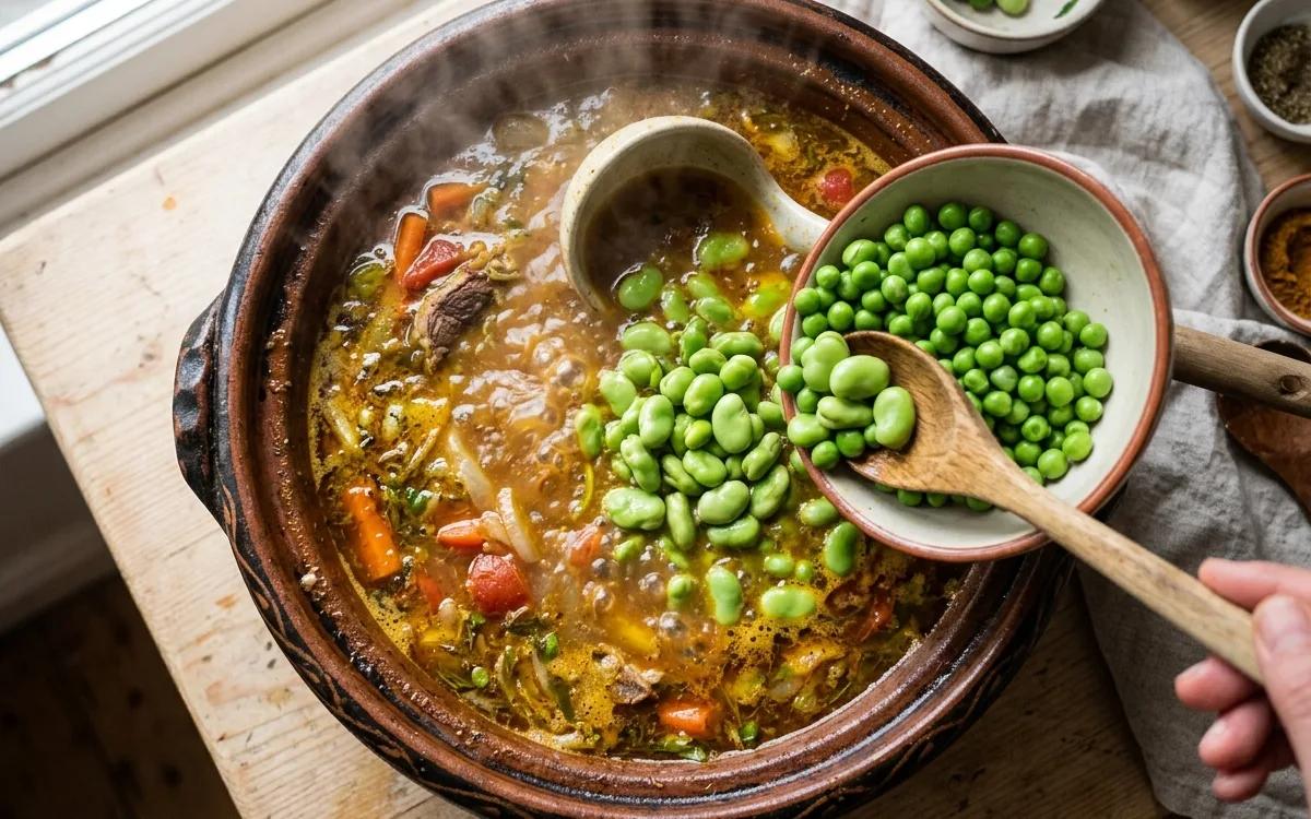 Step 7: Add the fava beans and green peas to the steaming broth belo