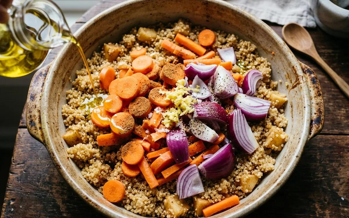 Step 3: Add the sliced carrots, red onion wedges, olive oil, cinnamo