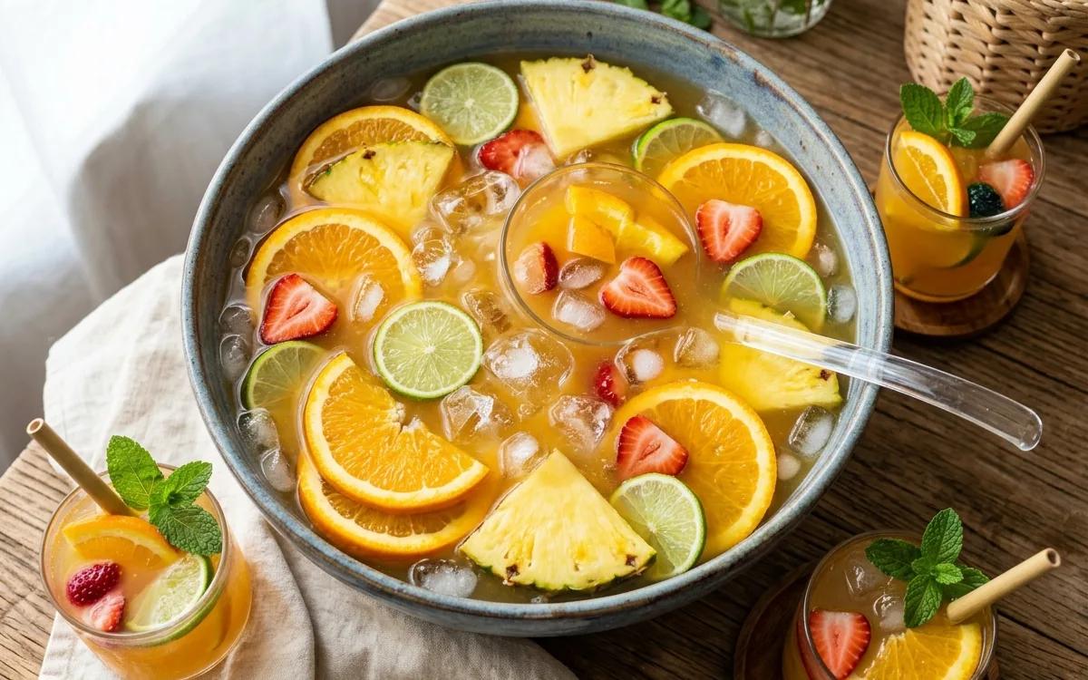 Step 5: Add ice and fresh fruit slices to the bowl immediately befor