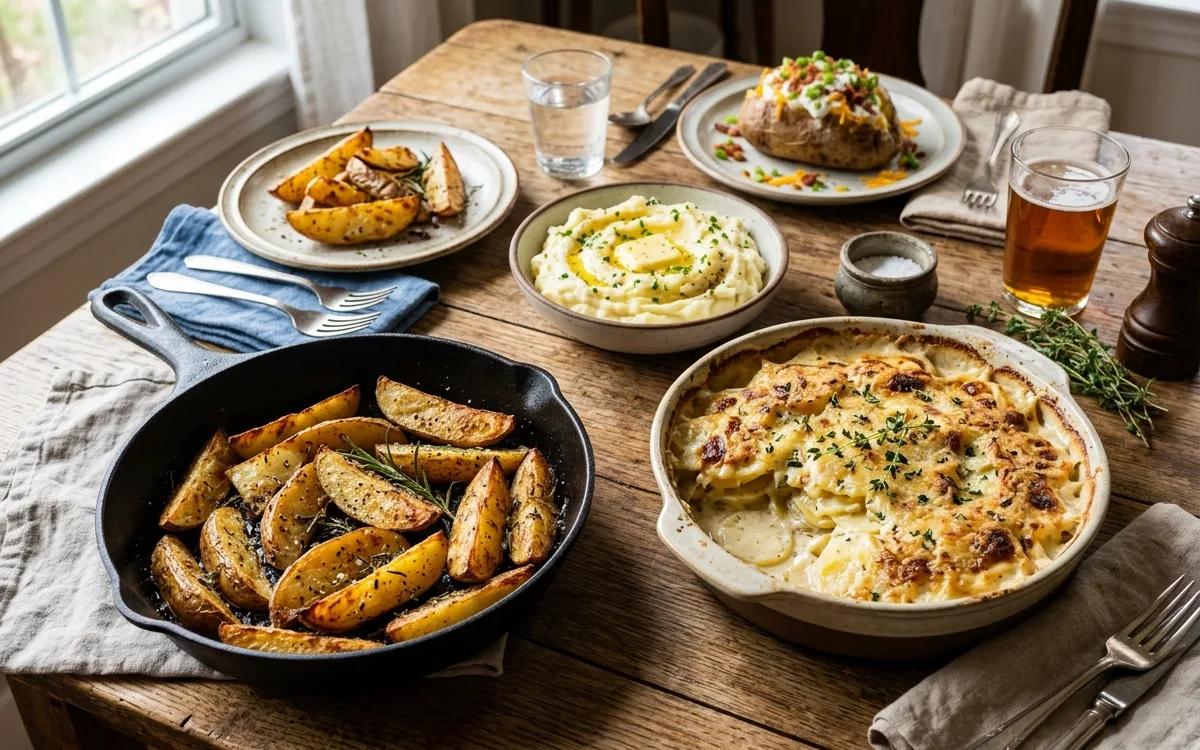 A spread of different potato dishes on a wooden table, featuring golden brown roasted potatoes and a creamy potato casserole.