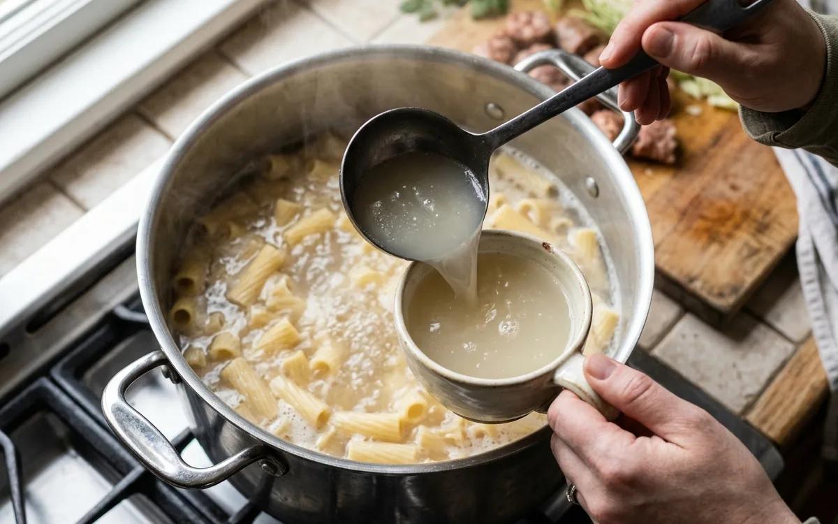 Step 2: Reserve a half cup of the pasta cooking water before drainin