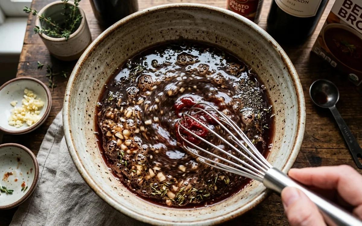Step 5: Whisk the beef broth, red wine, tomato paste, garlic, and th