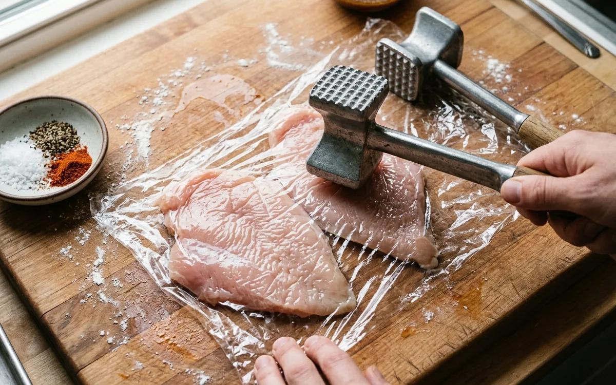 Step 1: Pound the chicken breasts to an even half-inch thickness so 