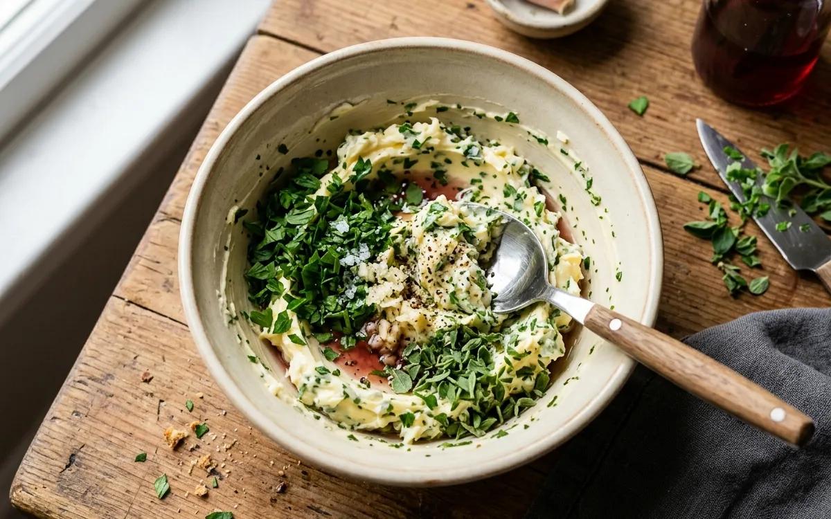Step 1: Combine softened butter, parsley, oregano, garlic, and vineg