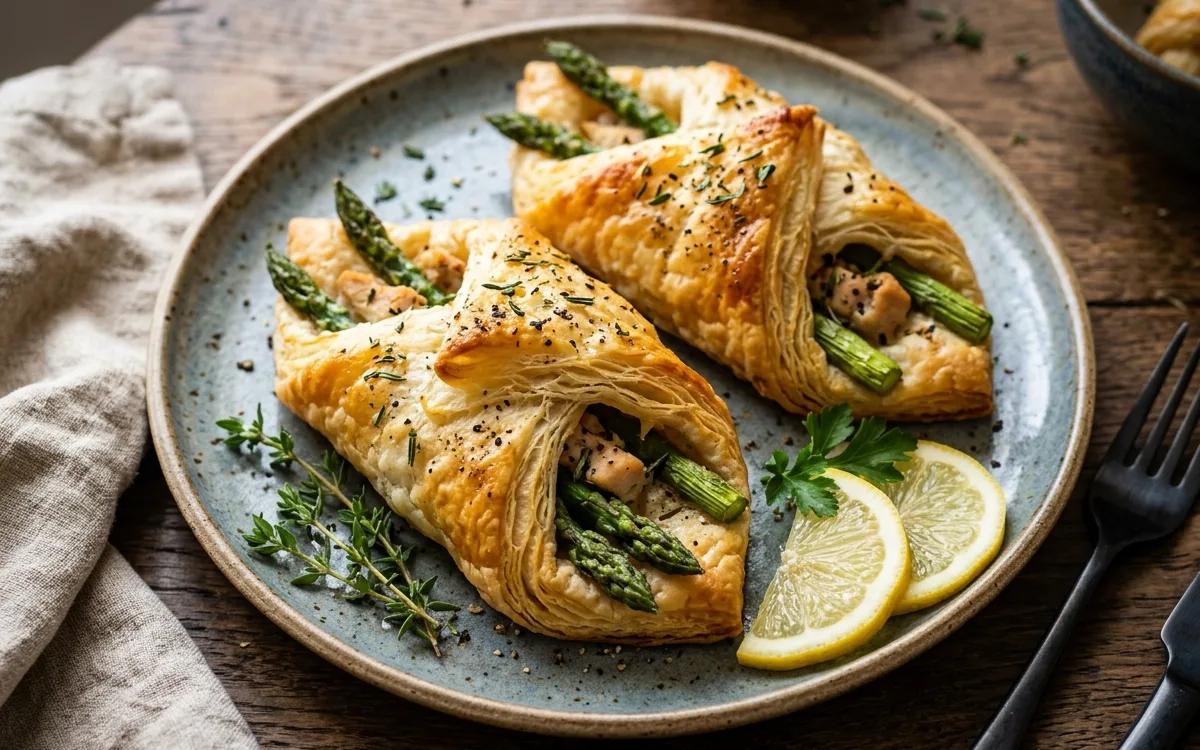 Golden brown chicken and asparagus puff pastry parcels on a rustic plate.