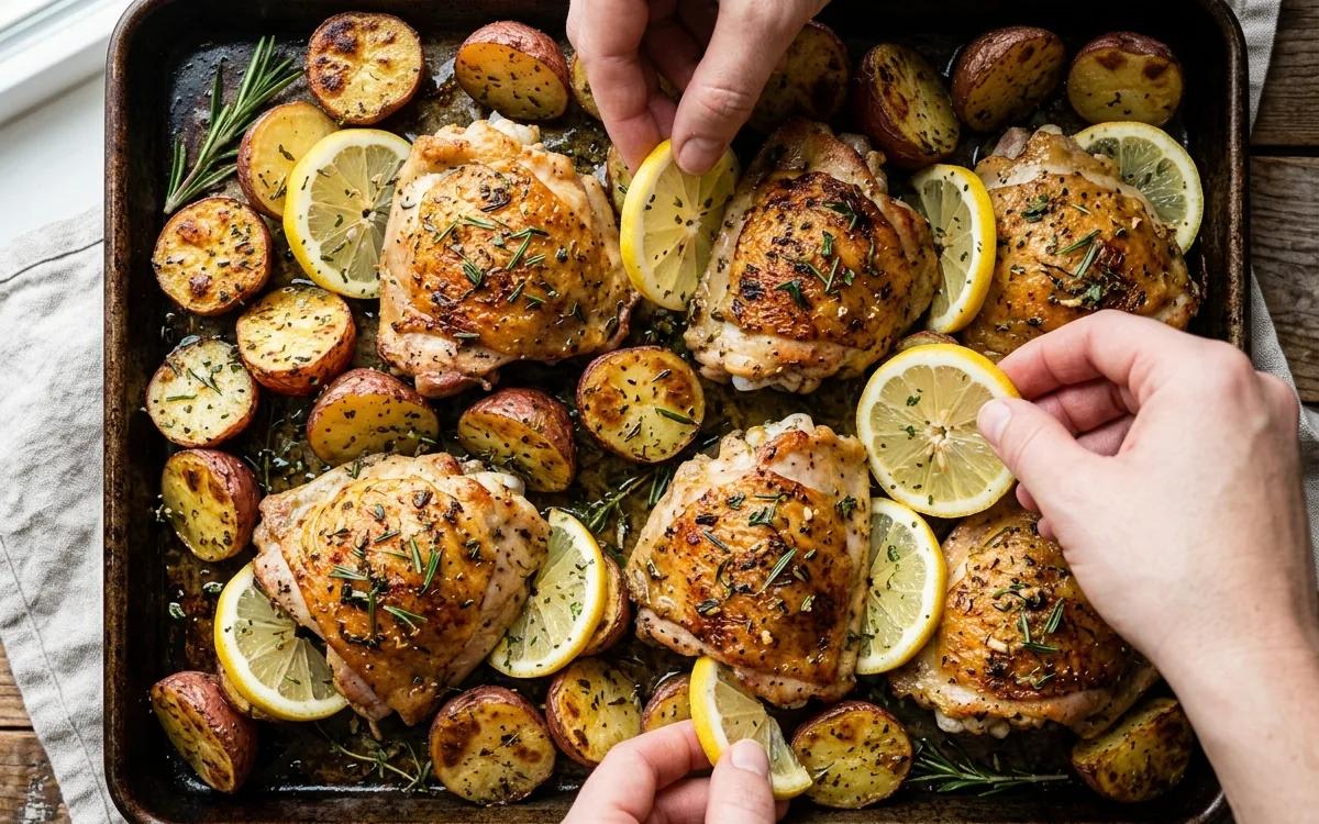 Step 8: Tuck the lemon slices in between the chicken and potatoes.