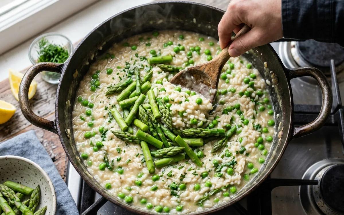 Step 7: Stir in the asparagus pieces halfway through the cooking pro
