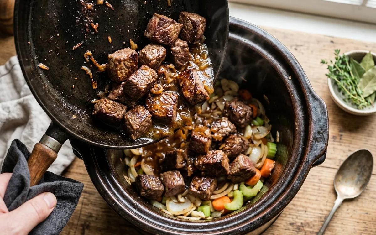 Step 2: Transfer the browned beef to your slow cooker.