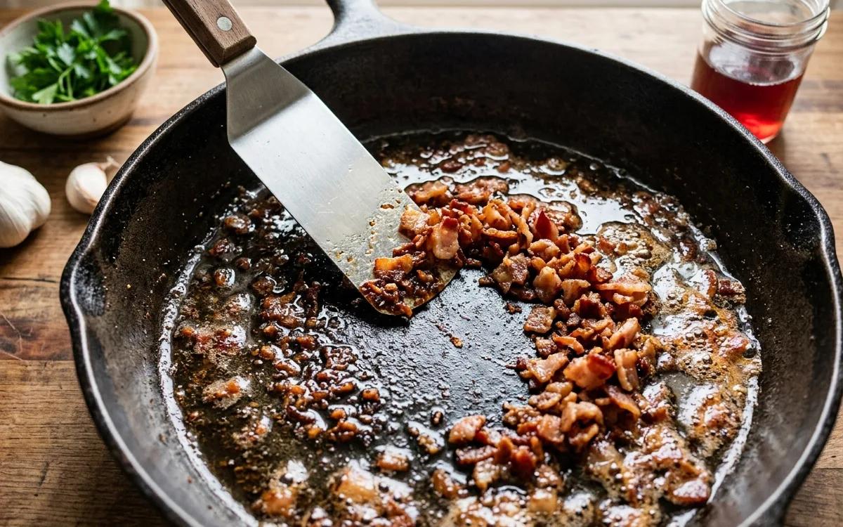 Step 4: Scrape up any browned bits from the bottom of the skillet.