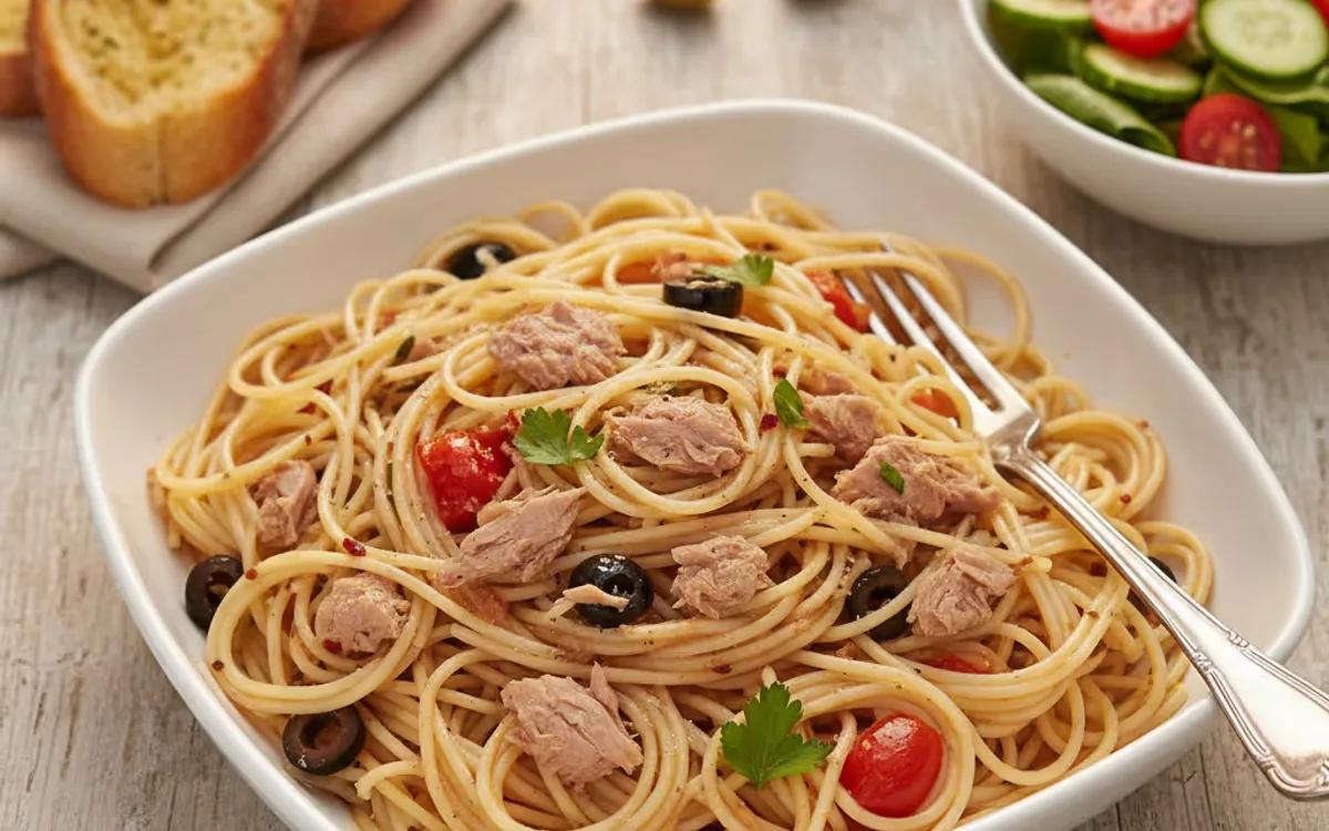 Angel Hair Pasta with Tomato, Tuna and Black Olive Sauce — Mediterranean dinner recipe