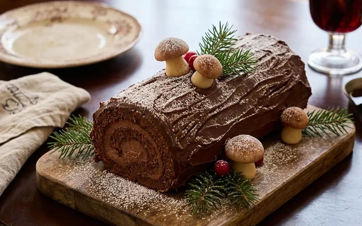 Classic Bûche de Noël with Chocolate Ganache and Marzipan Mushrooms — american recipe