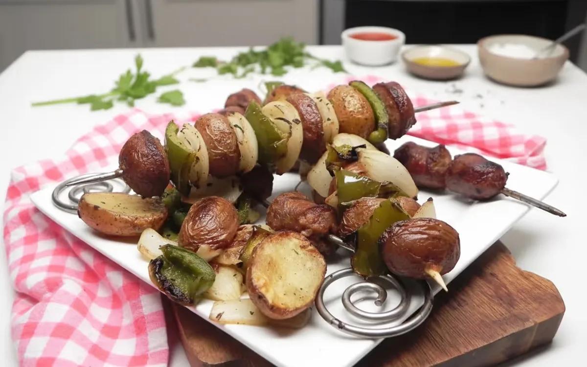 Grilled Sausage and Bell Pepper Kebabs with Herb-Crusted Potatoes — Italian dinner recipe