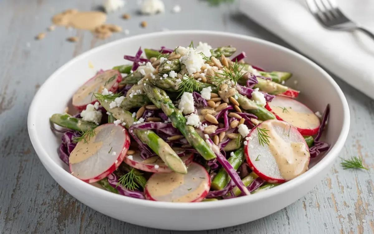 Red Cabbage and Asparagus Salad with Creamy Tahini Dressing — American lunch recipe