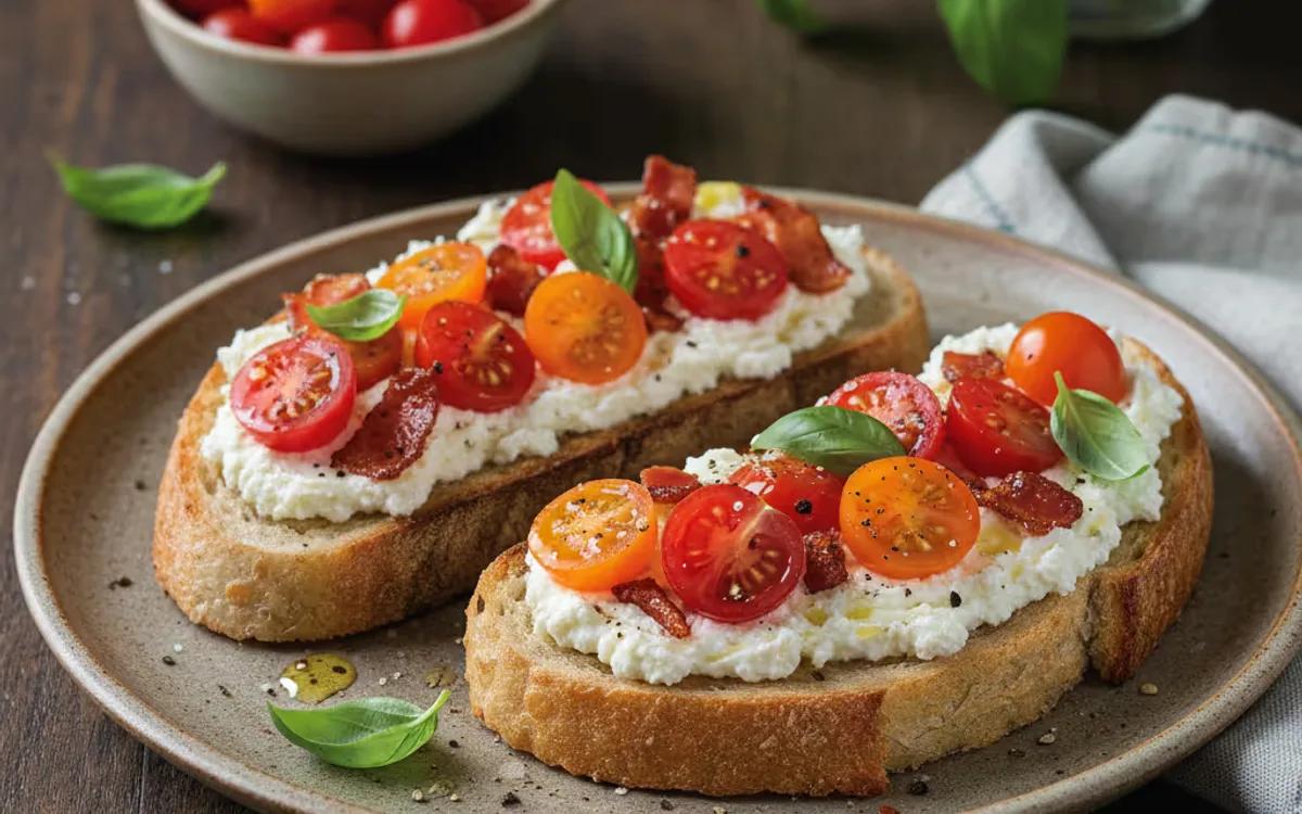 Savory Ricotta Toast with Crispy Bacon and Fresh Tomatoes — Italian snacks recipe